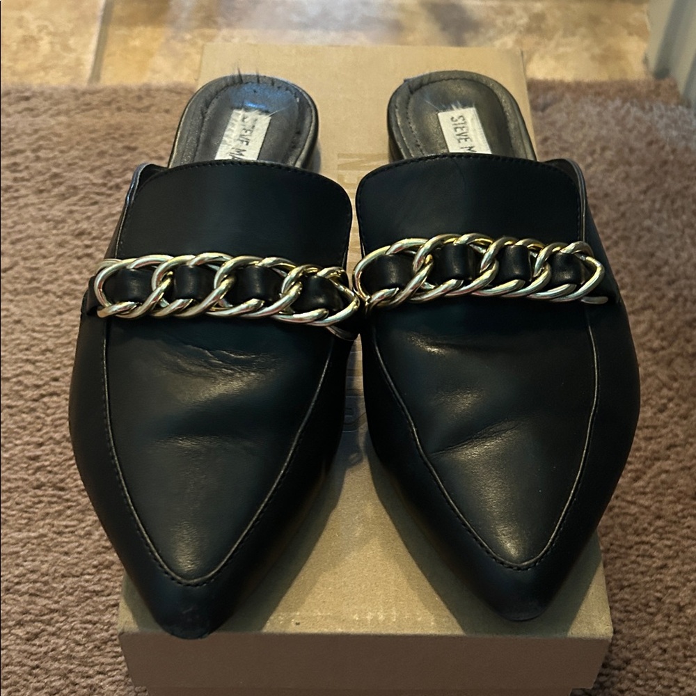 Steve Madden Black Mules with Gold Chain Detail